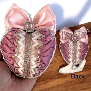 Christmas Ornament, Heart Pink Gold, Corset Inspired Holiday Gift, Handmade Gift